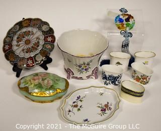 Collection of Porcelain & Ceramic Items.  Includes Asian Hand Painted Scalloped Dish with Mark, Richard Ginori Dish, Hand Painted Limoges Dish with Lid, Lucite Asian Charm & 5 Royal Worchester & Ansley Toothpick Holders. 