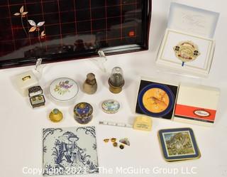 Eclectic Collection including Several Porcelain Trinket Boxes, NIB WH Christmas Ornament, Trivet, Serving Tray and Coasters 