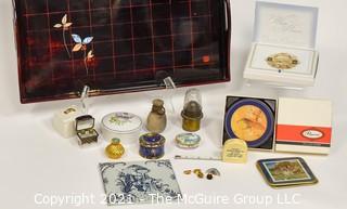 Eclectic Collection including Several Porcelain Trinket Boxes, NIB WH Christmas Ornament, Trivet, Serving Tray and Coasters 