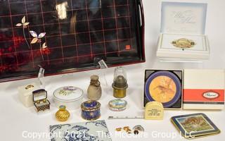 Eclectic Collection including Several Porcelain Trinket Boxes, NIB WH Christmas Ornament, Trivet, Serving Tray and Coasters 