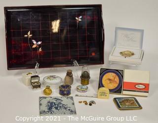 Eclectic Collection including Several Porcelain Trinket Boxes, NIB WH Christmas Ornament, Trivet, Serving Tray and Coasters 