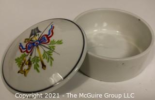 Eclectic Collection including Several Porcelain Trinket Boxes, NIB WH Christmas Ornament, Trivet, Serving Tray and Coasters 