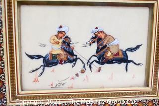 Two (2) Vintage Persian Paintings on Bone Signed by Artist in Khatam Marquetry Frame of a Game of Chovgan.  Each measures approximately 6 x 8"