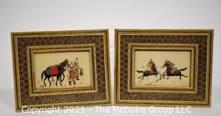 Two (2) Vintage Persian Paintings on Bone Signed by Artist in Khatam Marquetry Frame of a Game of Chovgan.  Each measures approximately 6 x 8"