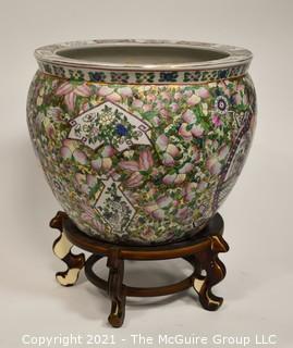 Large Asian Hand Painted Porcelain Garden Planter, Flower Pot or Fish Bowl; 13"T x 15"  Diameter. 