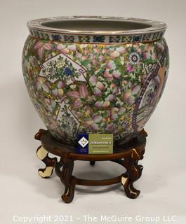 Large Asian Hand Painted Porcelain Garden Planter, Flower Pot or Fish Bowl; 13"T x 15"  Diameter. 