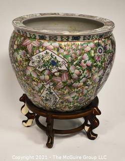 Large Asian Hand Painted Porcelain Garden Planter, Flower Pot or Fish Bowl; 13"T x 15"  Diameter. 