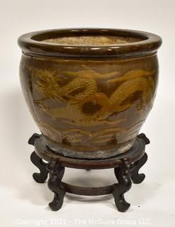 Large Asian Martaban Earthen Ware Dragon Planter Jardinière or Fish Bowl; 12"T x 14" diameter.