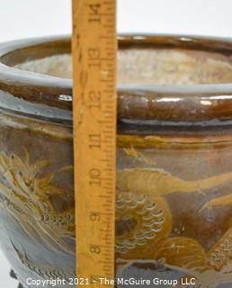 Large Asian Martaban Earthen Ware Dragon Planter Jardinière or Fish Bowl; 12"T x 14" diameter.