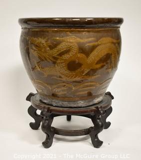 Large Asian Martaban Earthen Ware Dragon Planter Jardinière or Fish Bowl; 12"T x 14" diameter.