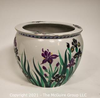 Large Asian Hand Painted with Irises Porcelain Garden Planter, Flower Pot or Fish Bowl; 12"T x 14" Diameter.