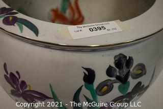 Large Asian Hand Painted with Irises Porcelain Garden Planter, Flower Pot or Fish Bowl; 12"T x 14" Diameter.