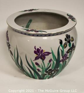 Large Asian Hand Painted with Irises Porcelain Garden Planter, Flower Pot or Fish Bowl; 12"T x 14" Diameter.