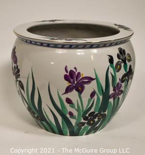 Large Asian Hand Painted with Irises Porcelain Garden Planter, Flower Pot or Fish Bowl; 12"T x 14" Diameter.