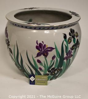 Large Asian Hand Painted with Irises Porcelain Garden Planter, Flower Pot or Fish Bowl; 12"T x 14" Diameter.