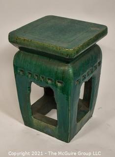 Heavy Stoneware Open Green Ceramic Clay Garden Stool or Table.  It measures approximately 12 x 12" top x 18"T