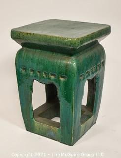 Heavy Stoneware Open Green Ceramic Clay Garden Stool or Table.  It measures approximately 12 x 12" top x 18"T