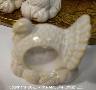 Collection of Decorative Items: Includes Two Needlepoint Pillows, Crate and Barrel Turkey Form Napkin Rings, Pierced Porcelain Votives and Florentine Tray.