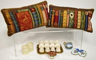 Collection of Decorative Items: Includes Two Needlepoint Pillows, Crate and Barrel Turkey Form Napkin Rings, Pierced Porcelain Votives and Florentine Tray.