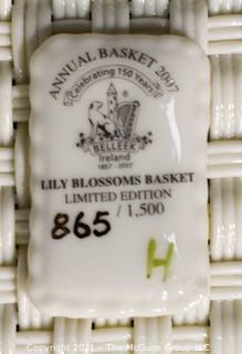 Belleek Lily Blossoms Basket, Annual Basket 2007, Numbered. Measures approximately 10" long.