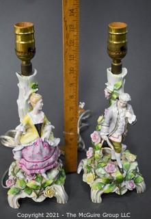 Pair of Porcelain Figural Table Lamps Marked C.G. Schierholz Germany Porcelain.  Each measure approximately 14" tall (no shades)