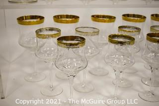 Assorted Crystal Stemware with Gold Rim: <br> <br>
(5) 7 1/2"T stems <br>
(6) 7 1/2"T stems <br>
(8) 6 7/8"T stems