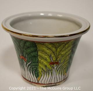 Eclectic collection including scallop shells, Estee Lauder covered bowl, 1979 Delbart Duchein print of NYC Skyline, planter and paperweight 