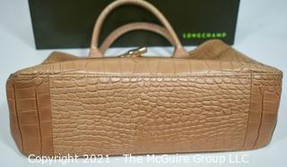 Pink Longchamp Faux Alligator Top Handle Handbag or Tote with Butterfly Interior.  Includes Box. 
