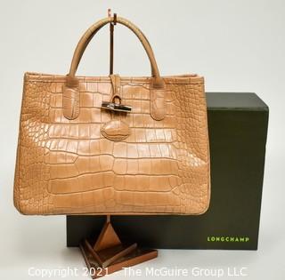 Pink Longchamp Faux Alligator Top Handle Handbag or Tote with Butterfly Interior.  Includes Box. 
