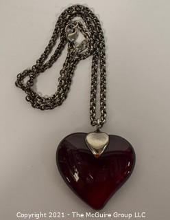 Vintage Yves Saint Laurent YSL Red Crystal Glass Heart Pendant on Chain Necklace