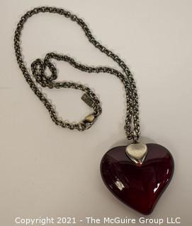 Vintage Yves Saint Laurent YSL Red Crystal Glass Heart Pendant on Chain Necklace