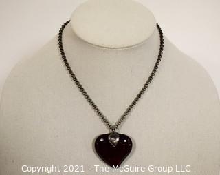 Vintage Yves Saint Laurent YSL Red Crystal Glass Heart Pendant on Chain Necklace