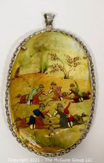 Vintage Asian Mother of Pearl Hand Painted  Double Sided Hunting Story Pendant with Silver Mounting.   Measures approximately 3" long. 