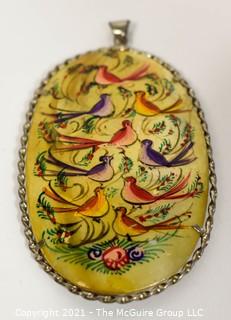 Vintage Asian Mother of Pearl Hand Painted  Double Sided Hunting Story Pendant with Silver Mounting.   Measures approximately 3" long. 