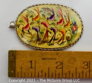 Vintage Asian Mother of Pearl Hand Painted  Double Sided Hunting Story Pendant with Silver Mounting.   Measures approximately 3" long. 