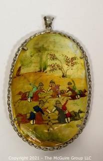 Vintage Asian Mother of Pearl Hand Painted  Double Sided Hunting Story Pendant with Silver Mounting.   Measures approximately 3" long. 