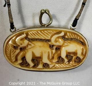 Asian Carved Bone Box Pendant or Necklace on Cord. 