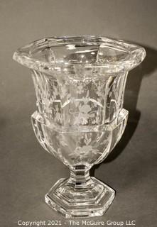 Tiffany & Co. Tall Clear Crystal Etched Glass Urn Style Vase with Pedestal Base.   Measures approximately 10" tall.