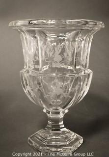 Tiffany & Co. Tall Clear Crystal Etched Glass Urn Style Vase with Pedestal Base.   Measures approximately 10" tall.