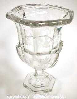 Tiffany & Co. Tall Clear Crystal Etched Glass Urn Style Vase with Pedestal Base.   Measures approximately 10" tall.