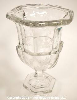 Tiffany & Co. Tall Clear Crystal Etched Glass Urn Style Vase with Pedestal Base.   Measures approximately 10" tall.