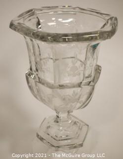 Tiffany & Co. Tall Clear Crystal Etched Glass Urn Style Vase with Pedestal Base.   Measures approximately 10" tall.