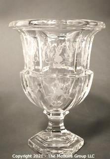 Tiffany & Co. Tall Clear Crystal Etched Glass Urn Style Vase with Pedestal Base.   Measures approximately 10" tall.