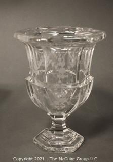 Tiffany & Co. Tall Clear Crystal Etched Glass Urn Style Vase with Pedestal Base.   Measures approximately 10" tall.