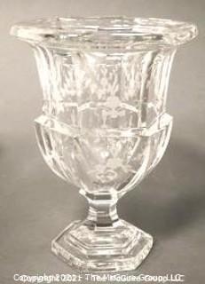 Tiffany & Co. Tall Clear Crystal Etched Glass Urn Style Vase with Pedestal Base.   Measures approximately 10" tall.