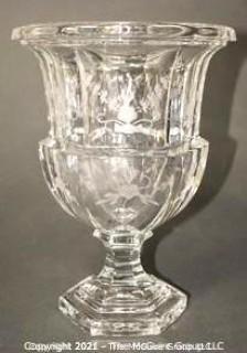 Tiffany & Co. Tall Clear Crystal Etched Glass Urn Style Vase with Pedestal Base.   Measures approximately 10" tall.