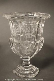 Tiffany & Co. Tall Clear Crystal Etched Glass Urn Style Vase with Pedestal Base.   Measures approximately 10" tall.