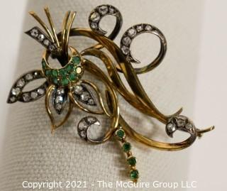 Antique 14kt Gold with Diamonds and Emeralds Flower Flourish Brooch or Pin; 12g  