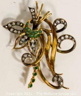 Antique 14kt Gold with Diamonds and Emeralds Flower Flourish Brooch or Pin; 12g  