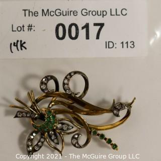 Antique 14kt Gold with Diamonds and Emeralds Flower Flourish Brooch or Pin; 12g  